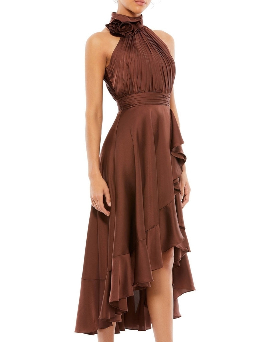 Mac Duggal 49488 Chocolate Brown Sleeveless Ruffle Flower Satin Midi Dress 0 NWT